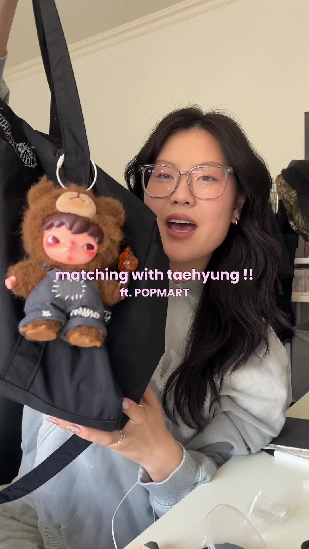 TikTok post by @itsalanachen for POP MART US Localshop. Caption reads: matching hironos with taehyung…this could only....