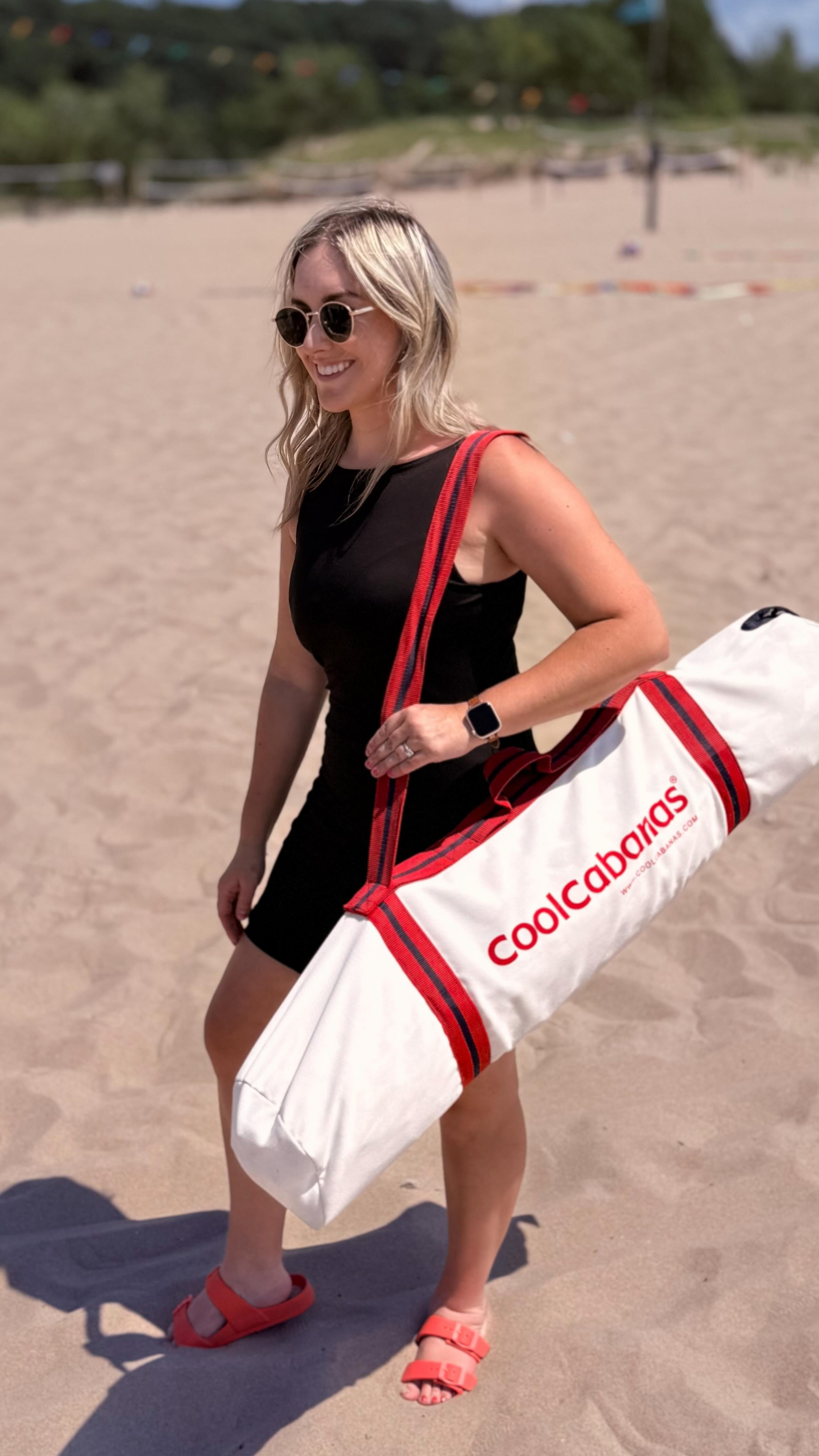 Instagram post by @annabrookswilliams for Coolcabanas. Caption reads: [...] beach tent again 🙌 #ad We took our....