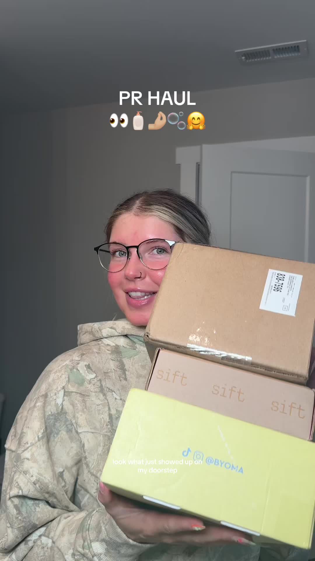 TikTok post by @chelsearlarson for BYOMA. Caption reads: [...] @First Aid Beauty @Sift @byoma #prhaul #haul....