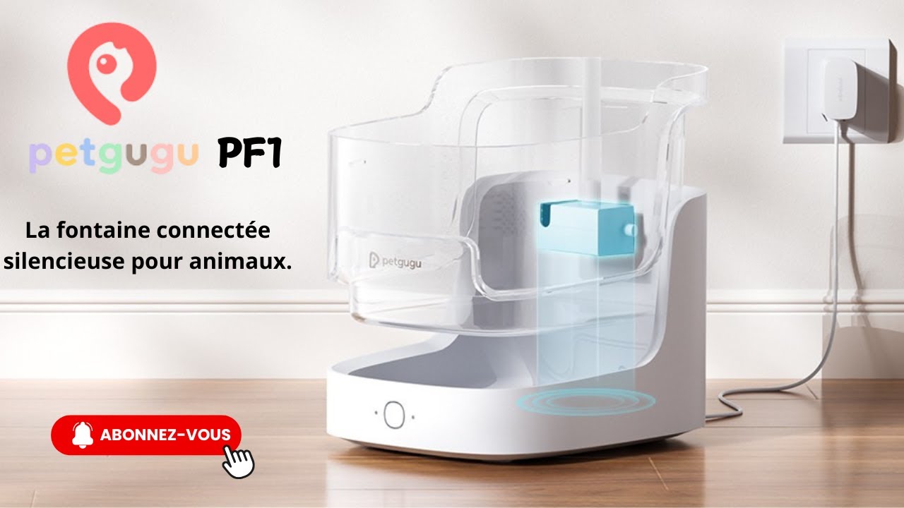 YouTube post by @UX_Tech_FR for Xiaomi. Caption reads: Petgugu PF1, the smart water fountain that tracks....