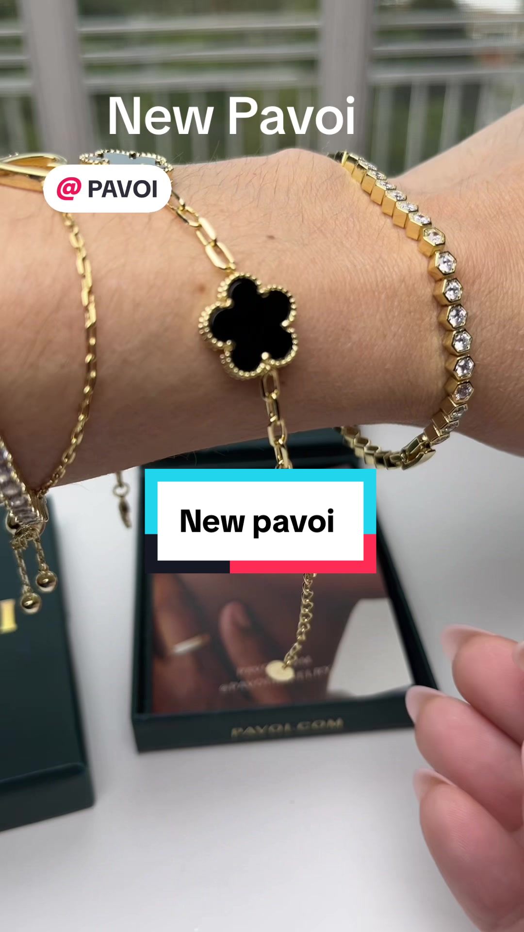 TikTok post by @jenny.boom.boom2 for Pavoi. Caption reads: NEW COLLECTION ALERT! @PAVOI #goldplatedjewelry....