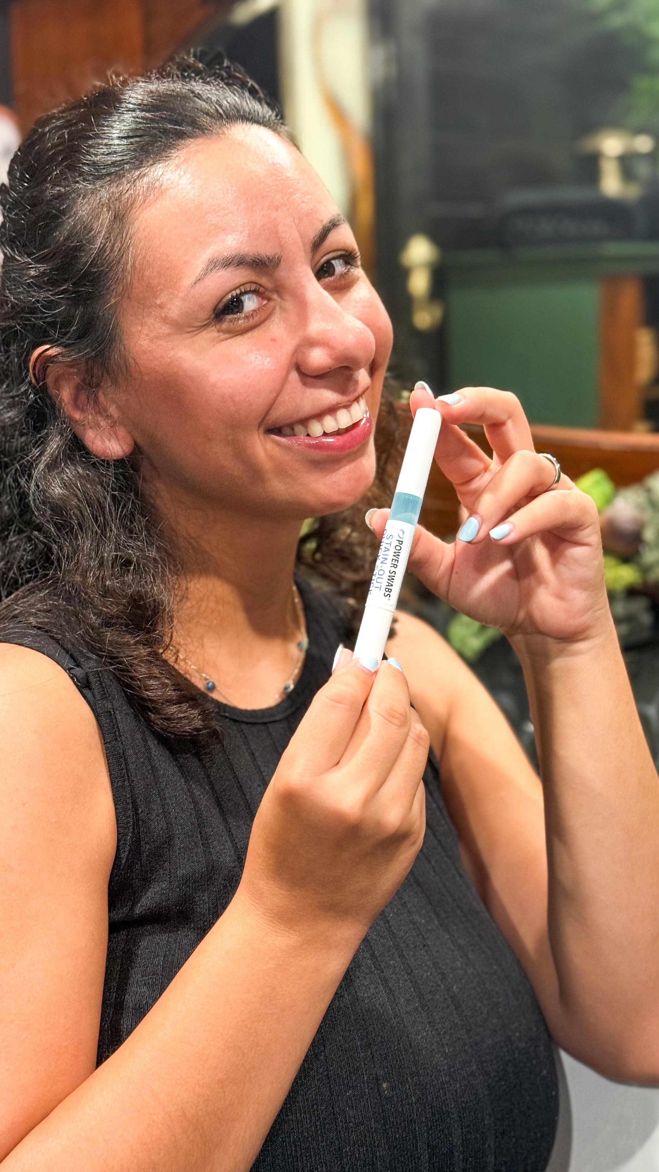 Instagram post by @kerraezgi for Power Swabs. Caption reads: #ad On-the-go lifesaver 🙌 

The Power Swabs Stain....