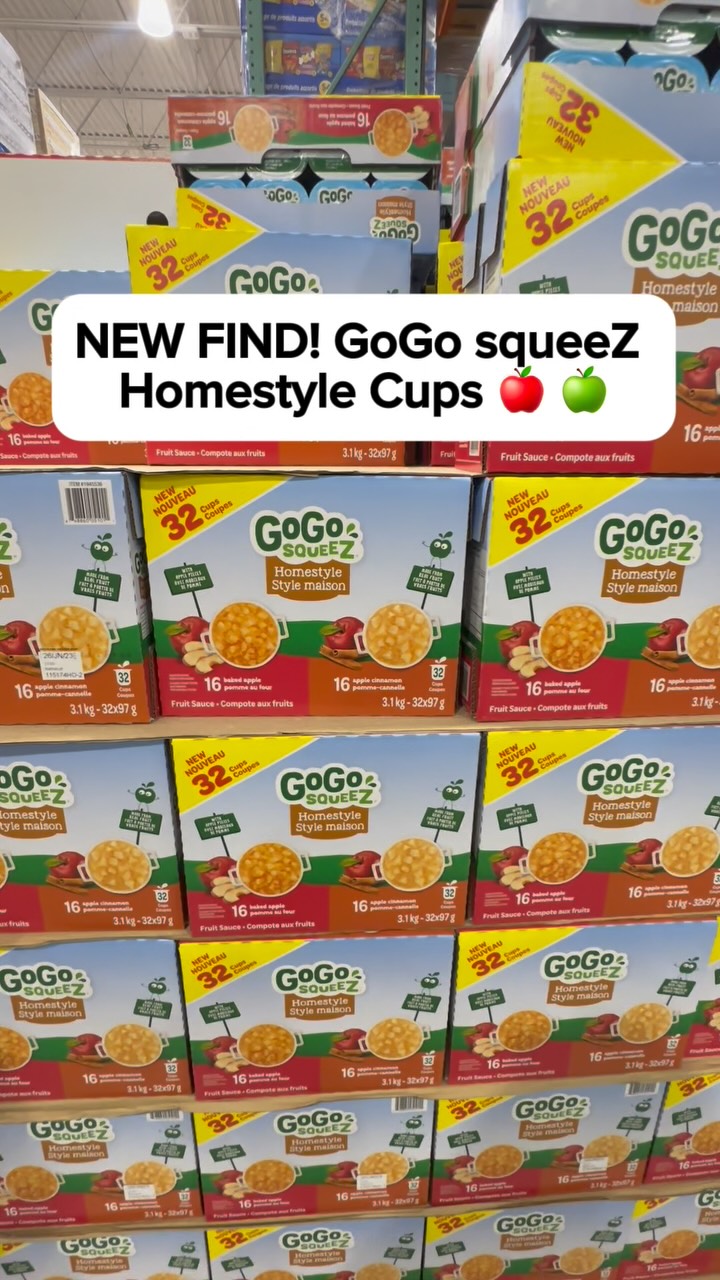 Instagram post by @costcofindsca for GoGo squeeZ. Caption reads: NEW FIND! GoGo squeeZ Homestyle Cups 🍎 🍏 is now....