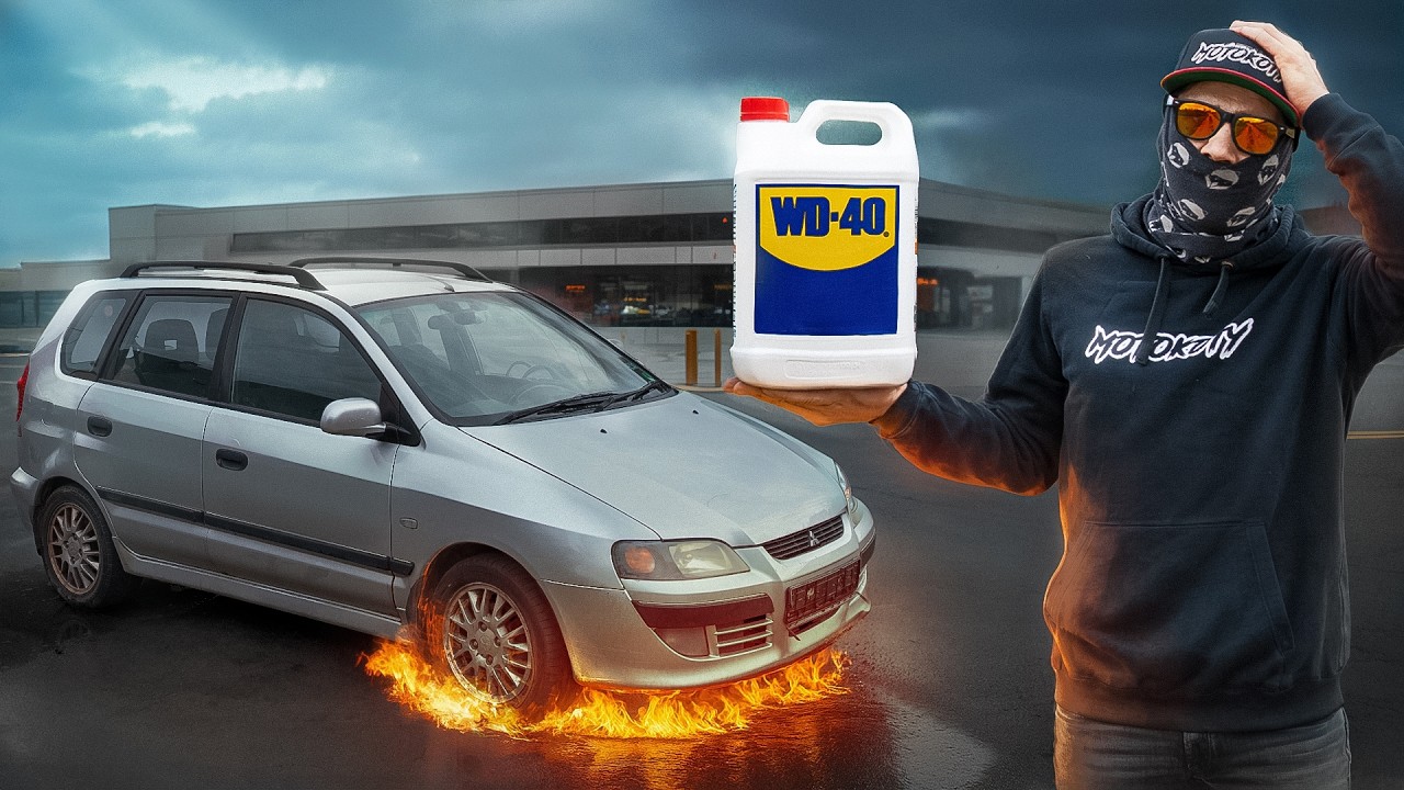 YouTube post by @MotoKoty for Mubi.pl. Caption reads: We poured WD-40 into the engine instead of oil and....