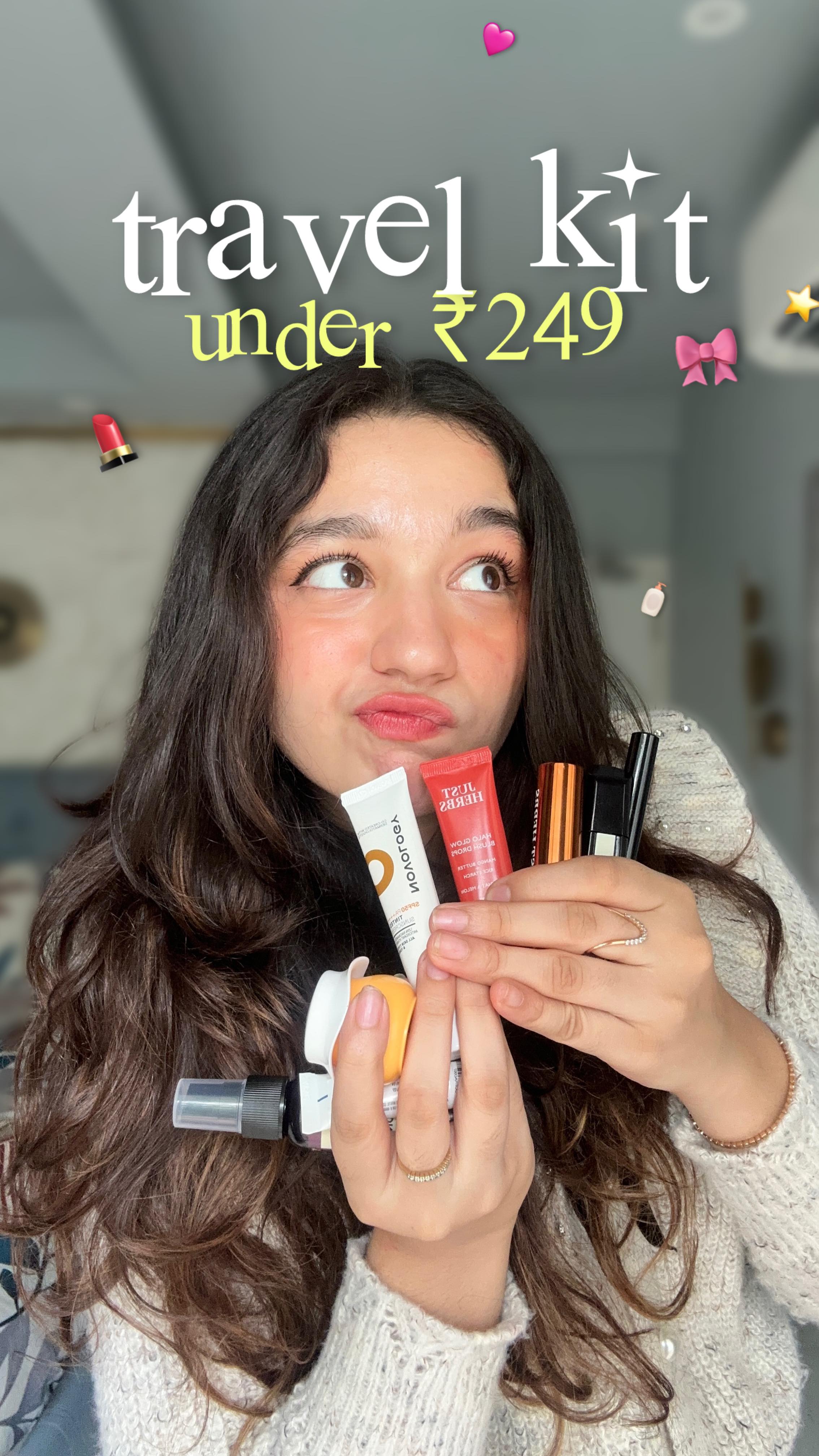 Instagram post by @chaoswithkhush for Smytten. Caption reads: Comment for links!✨Travel kit haul under ₹249 ✨....