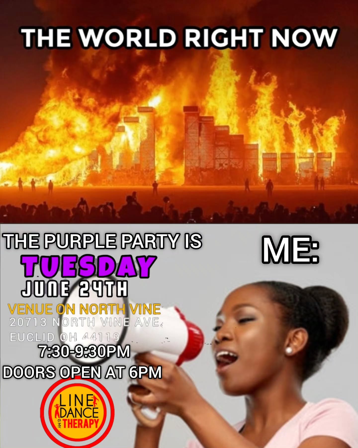 Instagram post by @linedance_is_my_therapy for Crown Royal. Caption reads: TUESDAY IS THE PURPLE PARTY 💜 💃🏿🙌🏿🕺🏿 🪭....