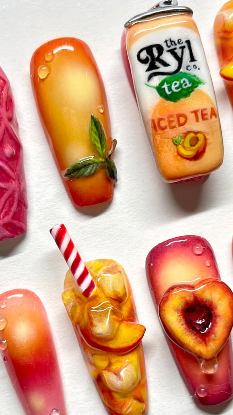 Instagram post by @allycoolcattt for Ryl Tea. Caption reads: @therylcompany peach tea inspired nails ⋆˚꩜｡🍑 -....