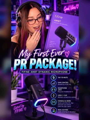 TikTok post by @missv.ttv for Fifine Indonesia. Caption reads: My first ever PR package! 🥹💜🎤 Gifted by @Fifine....