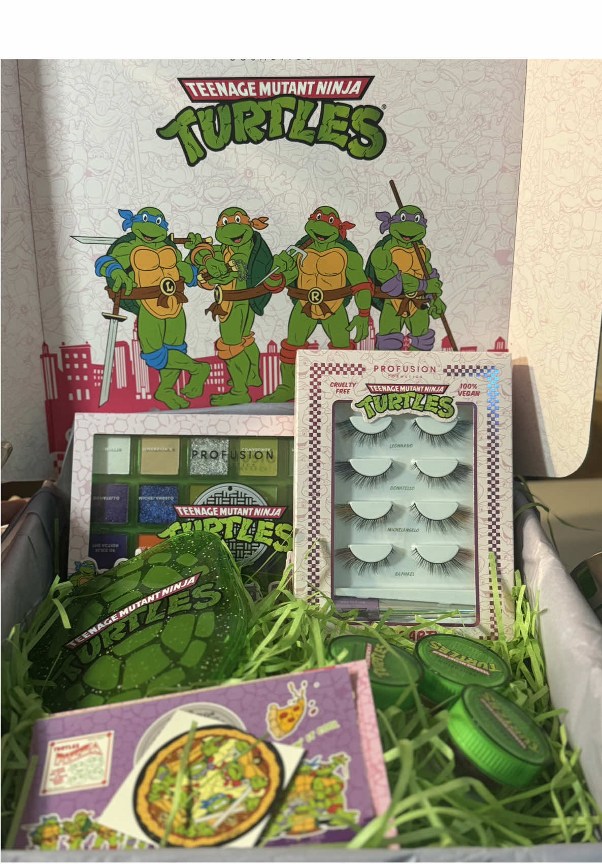 TikTok post by @mermaid.millary for Profusion Cosmetics. Caption reads: Unboxing the Teenage Mutant Ninja Turtles x....