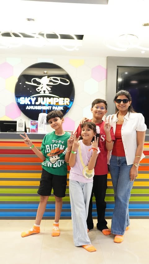Instagram post by @rocking_vedaant for Skyjumper Trampoline Park. Caption reads: Summer vacations: the kids are having the time of....