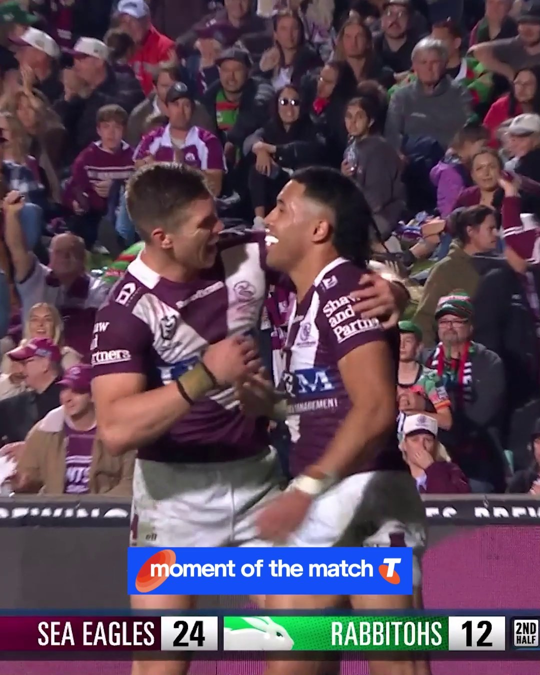 Instagram post by @nrl for Telstra. Caption reads: Koula seals the game! 🔥 

Telstra Moment of the....