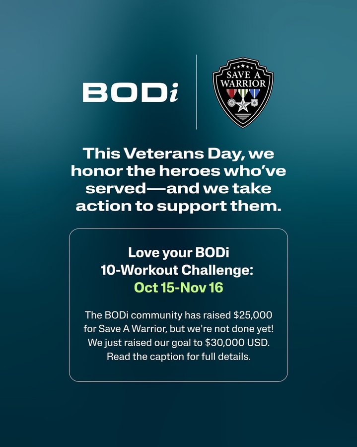 Instagram post by @save_a_warrior_saw for BODi. Caption reads: Thanks to our amazing BODi community, we’ve hit....
