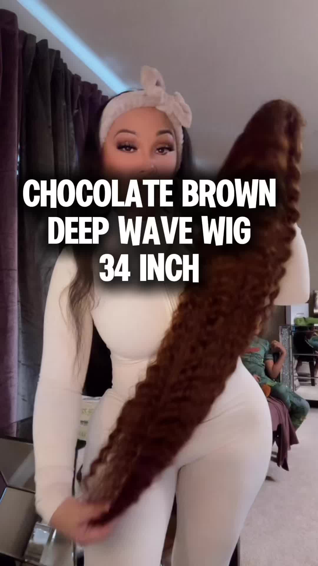 TikTok post by @queenc_707 for Bling Hair. Caption reads: Chocolate Brown deep wave wig by Bling Hair 34inch....