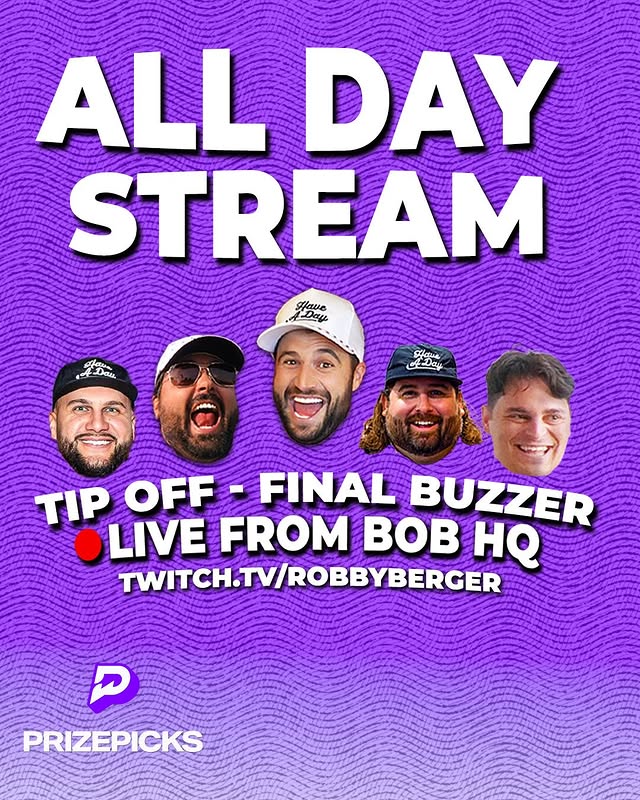 Instagram post by @bobdoessports for PrizePicks. Caption reads: [...] @bobhq for a full day of streaming!....