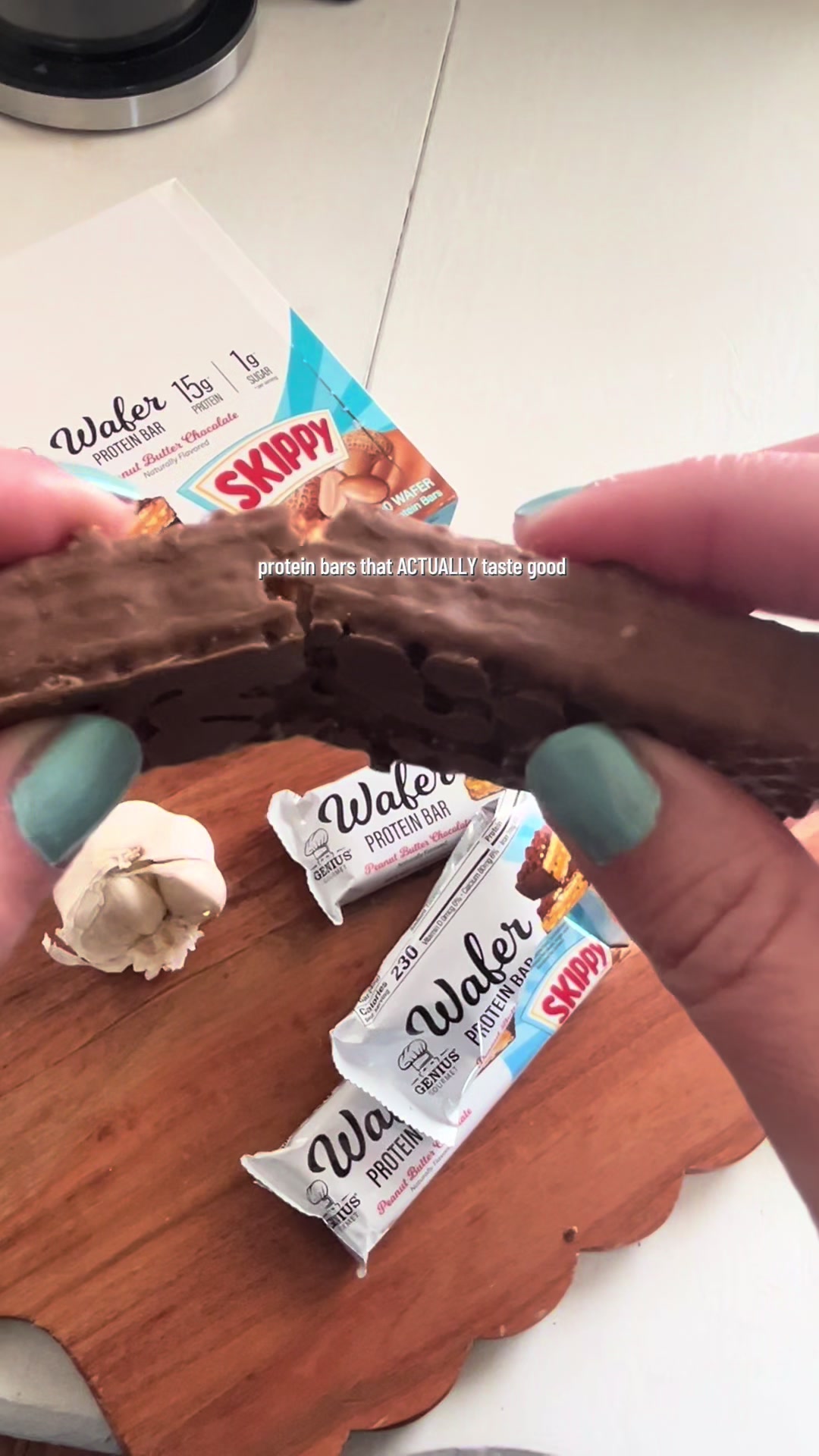 TikTok post by @erinisoutdoors for Genius Gourmet. Caption reads: [...] #skippypeanutbutter #protein @Genius Gourmet.