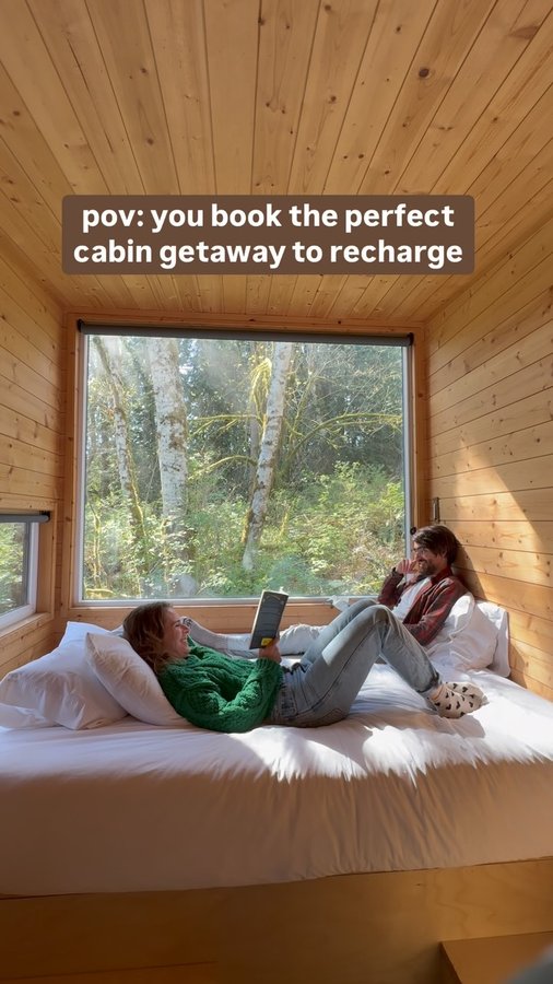 Instagram post by @jessexplored for Postcard Cabins. Caption reads: [...] for when you need to recharge 💚✨🌲....