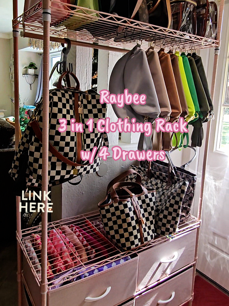 TikTok post by @weluvkendra for RaybeeOfficial. Caption reads: [...] in 1 Clothing rack with 4 drawers.....