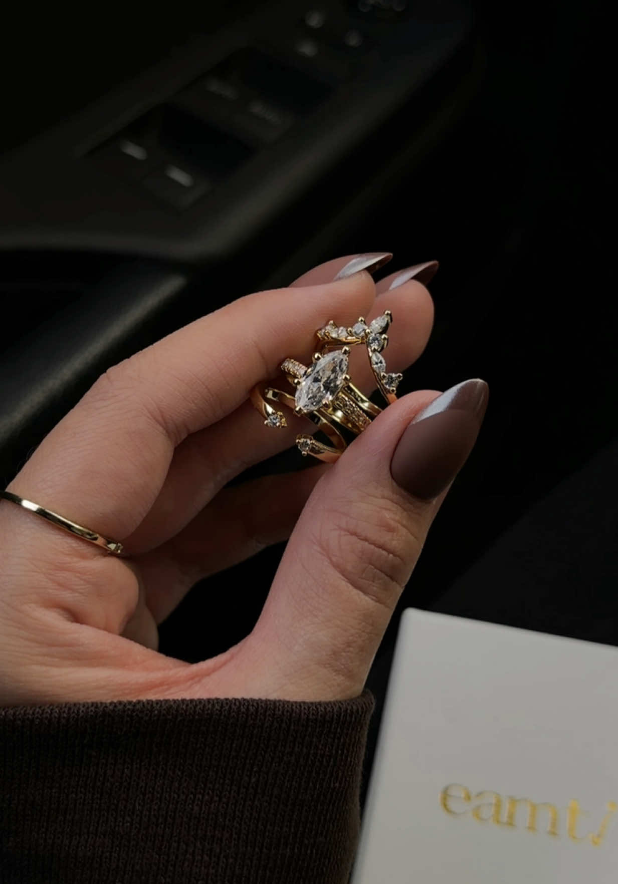 TikTok post by @leahfrzr for EAMTI Jewelry. Caption reads: affordable marquise wedding set 💍✨ @EAMTI Jewelry....