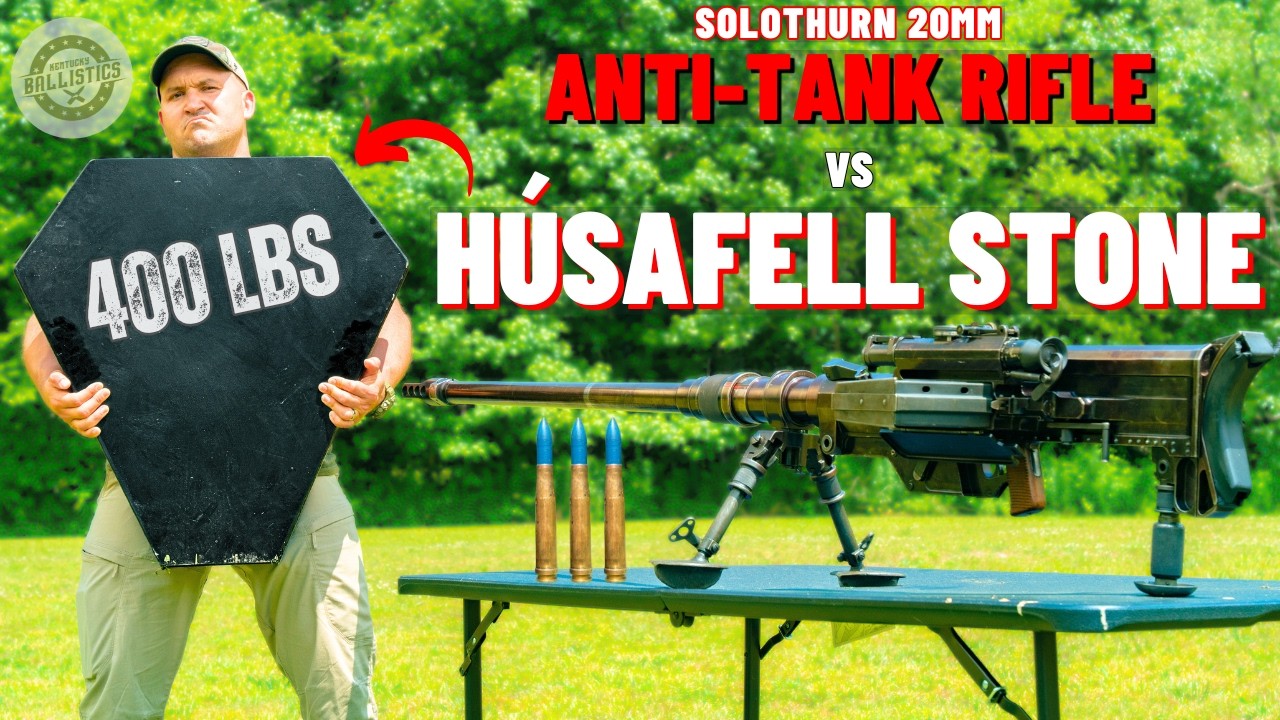 YouTube post by @KentuckyBallistics for PDS Debt. Caption reads: Solothurn 20mm Anti-Tank Rifle vs Husafell Stone....