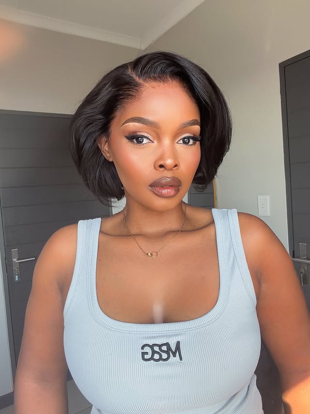 Instagram post by @lelomthabela for Luvme Hair. Caption reads: [...] Hairline 180% Density Pixie Cut Bob by....