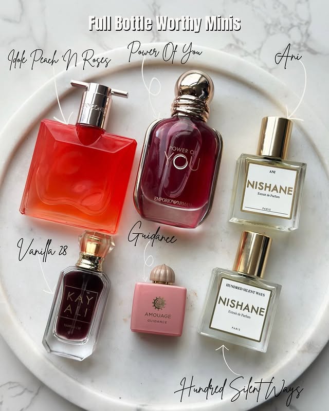 Instagram post by an influencer for AMOUAGE. Caption reads: Full bottle worthy minis, which one do you agree....