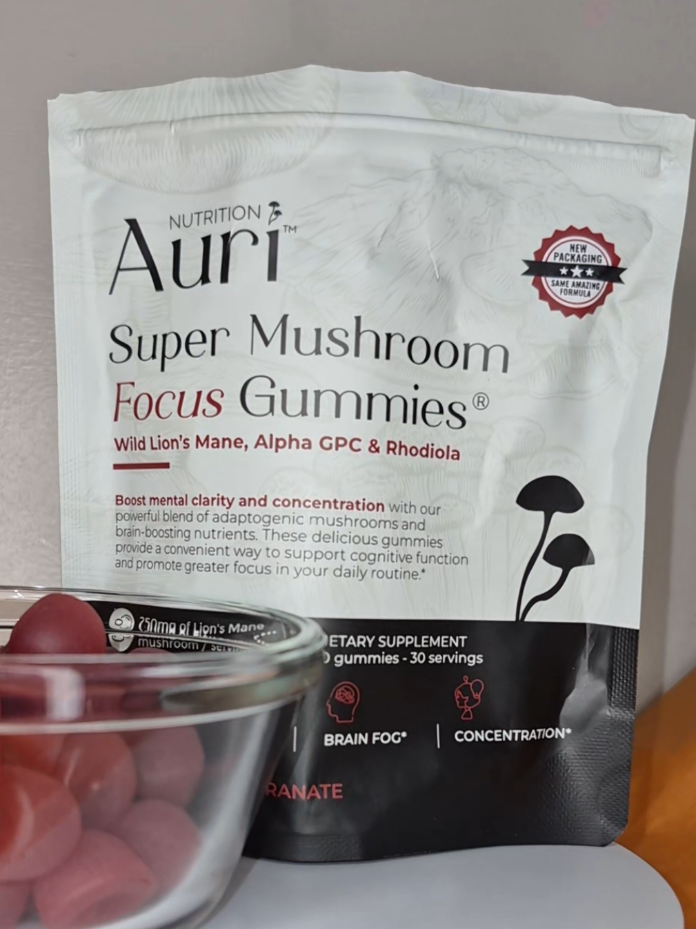 TikTok post by @tashasimon7 for Auri Nutrition. Caption reads: Super Mushroom Focus Gummies By @Auri Nutrition....