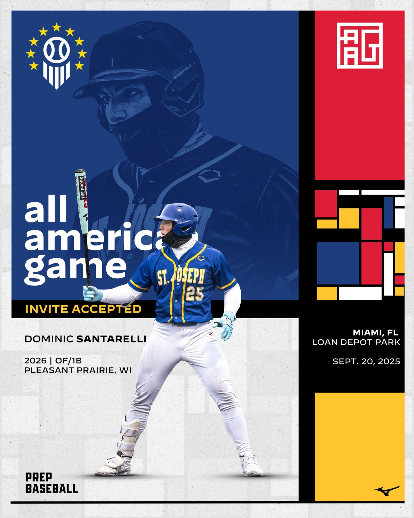 Instagram post by @prepbaseballwi for Mizuno USA. Caption reads: 𝐏𝐥𝐞𝐚𝐬𝐚𝐧𝐭 𝐏𝐫𝐚𝐢𝐫𝐞, 𝐖𝐈 ➡️ 𝐌𝐢𝐚𝐦𝐢,....