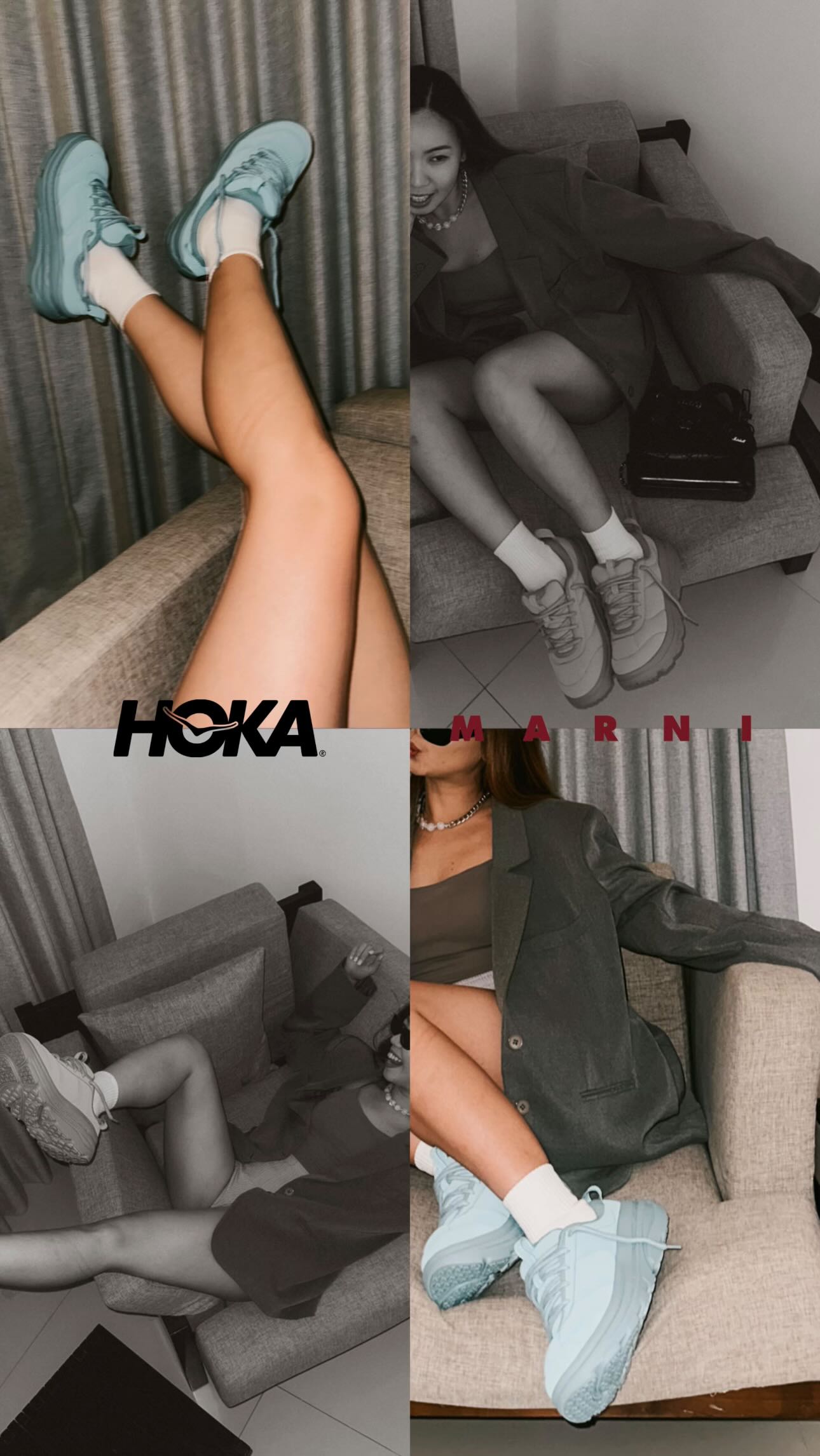 Instagram post by @cannyclaudya for Marni. Caption reads: comfort meets couture — HOKA × Marni.🩵

@hoka....