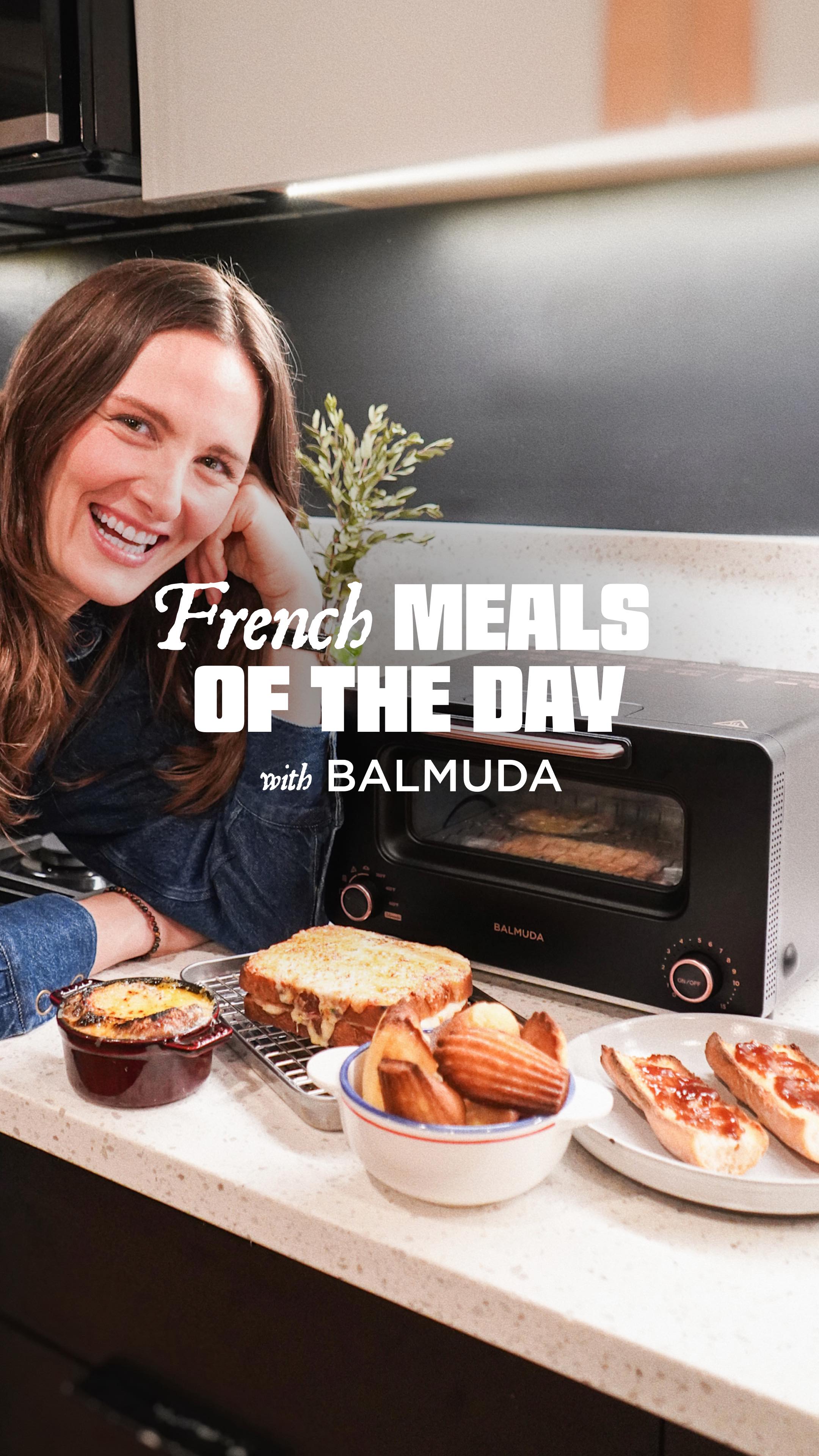 Instagram post by @hellofrench for BALMUDA. Caption reads: Four French meals. One toaster. 🇫🇷✨Honestly, I....