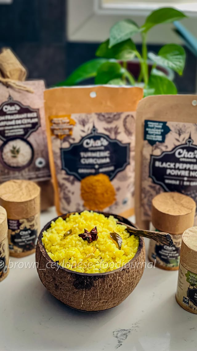 Instagram post by @brown_ceylonese_foodjournal for Cha's Organics. Caption reads: [...] Ghee rice made with ingredients from....