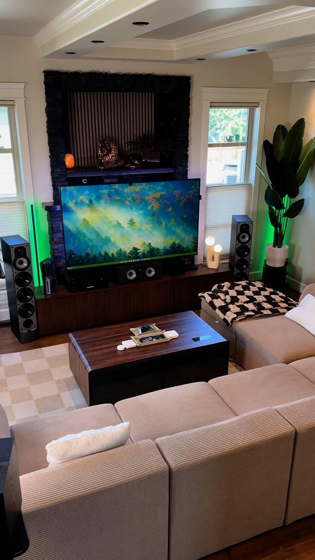 Instagram post by @dadrianca for SwitchBot. Caption reads: [...] lighting for the Home Theatre! 🍿....