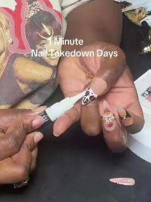 TikTok post by @prettiefaceproductions for Exsivia. Caption reads: [...] an stop soaking nails on takedown day!....