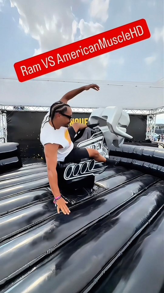 Instagram post by @americanmusclehd for Ram Trucks. Caption reads: Only @ramtrucks would bring a mechanical ram to....