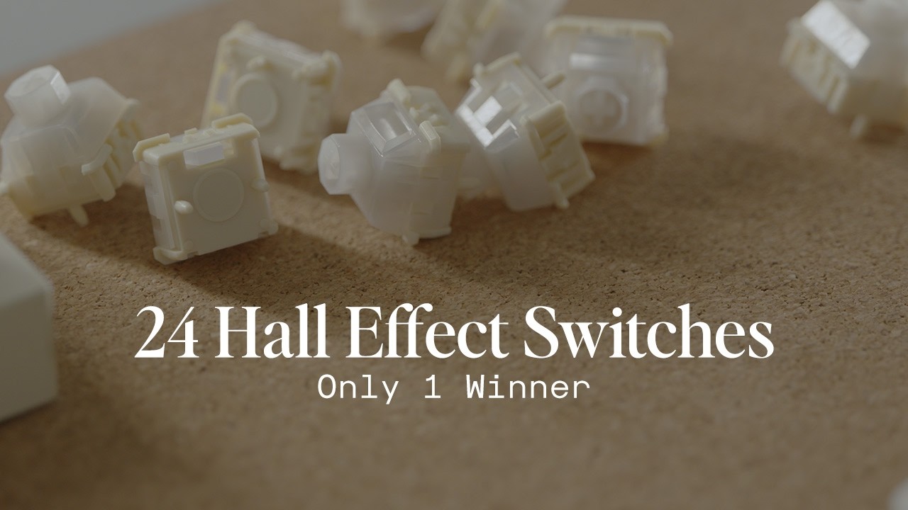 YouTube post by @alexotos for Unikeyboards. Caption reads: The Ultimate Hall Effect Switch Showdown (24....