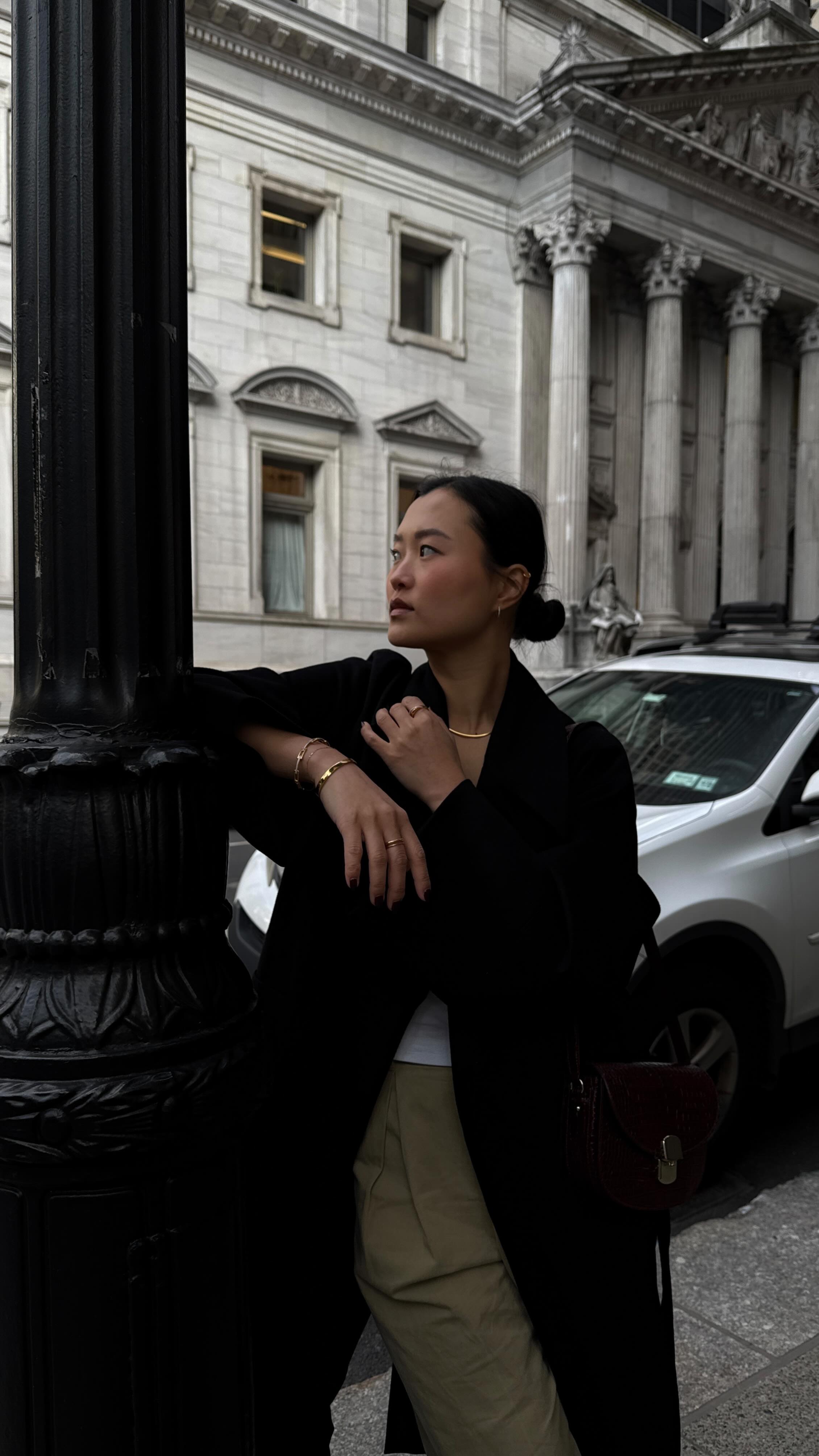 Instagram post by @parkedonbliss for Monica Vinader. Caption reads: Even the simplest outfit can feel instantly....