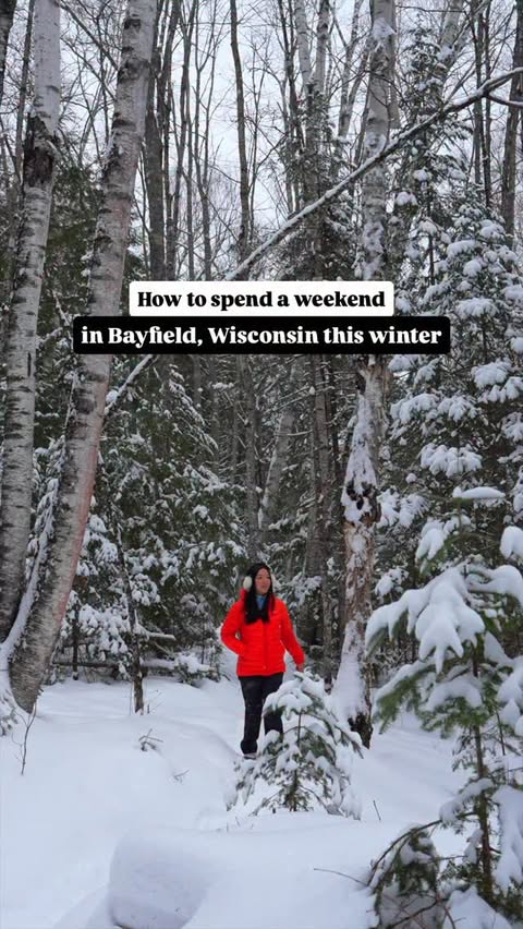 Instagram post by @thespinningatlas for Travel Wisconsin. Caption reads: A perfect winter getaway town If you are looking....