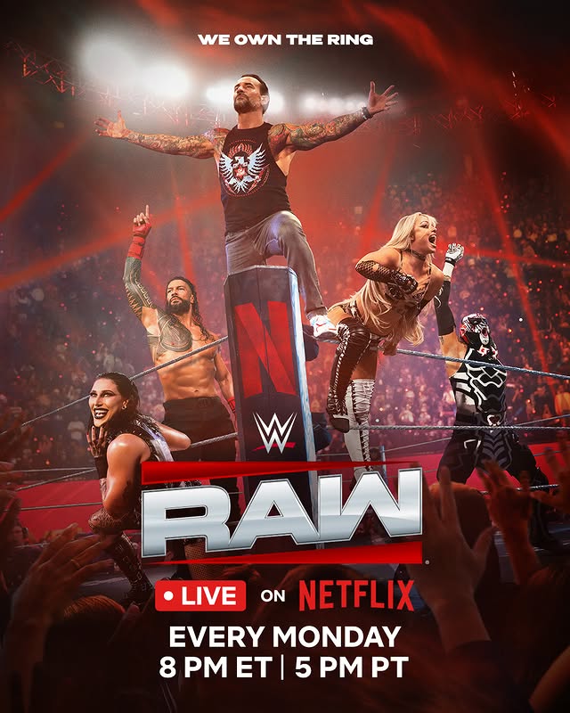Instagram post by @wwe_on_netflix for WWE. Caption reads: RAW AFTER WRESTLEMANIA. The biggest and most....