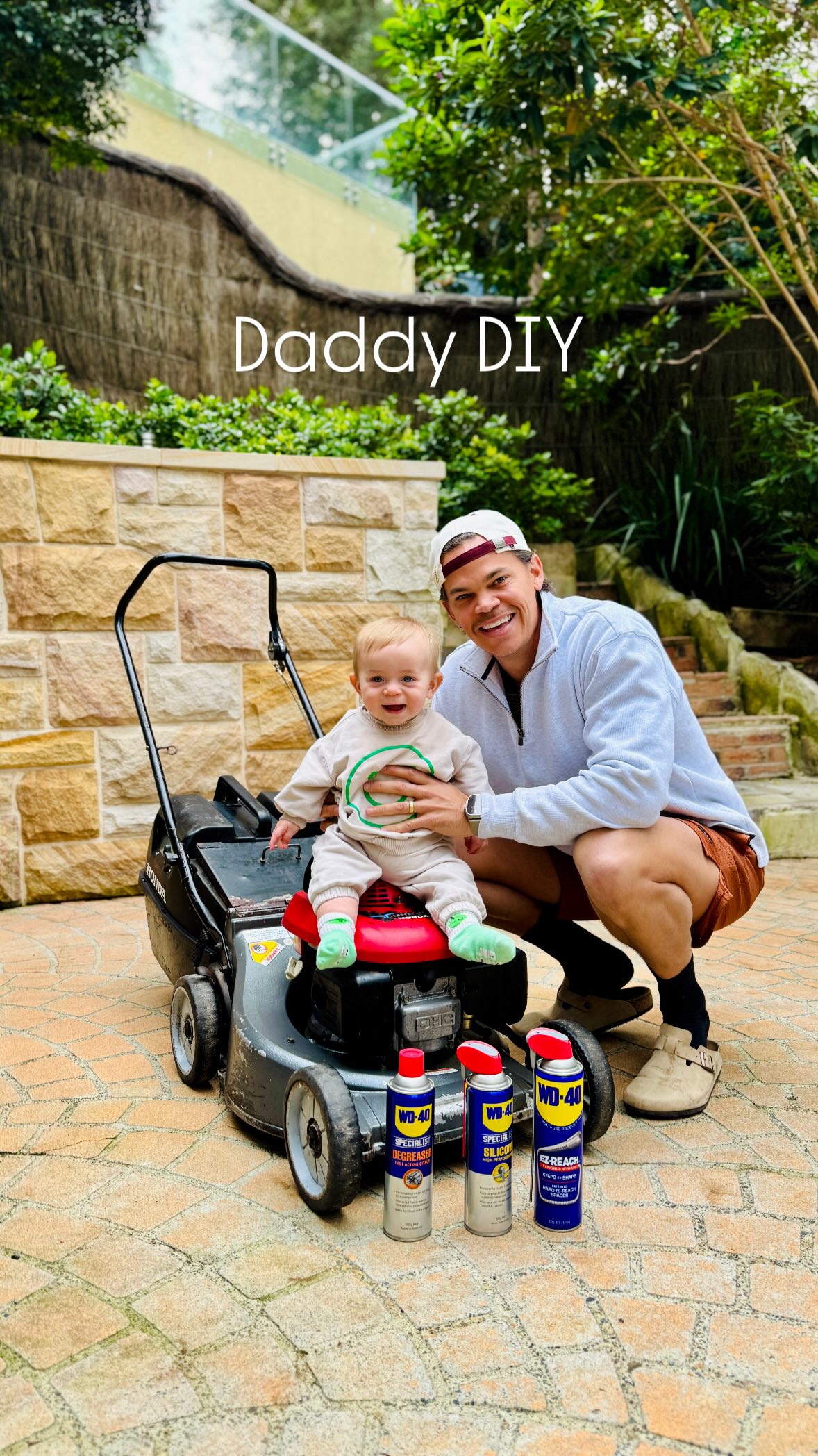 Instagram post by @jimmynicholson for WD-40. Caption reads: [...] Mower: seized. Son: sticky. Solution: WD-40.....