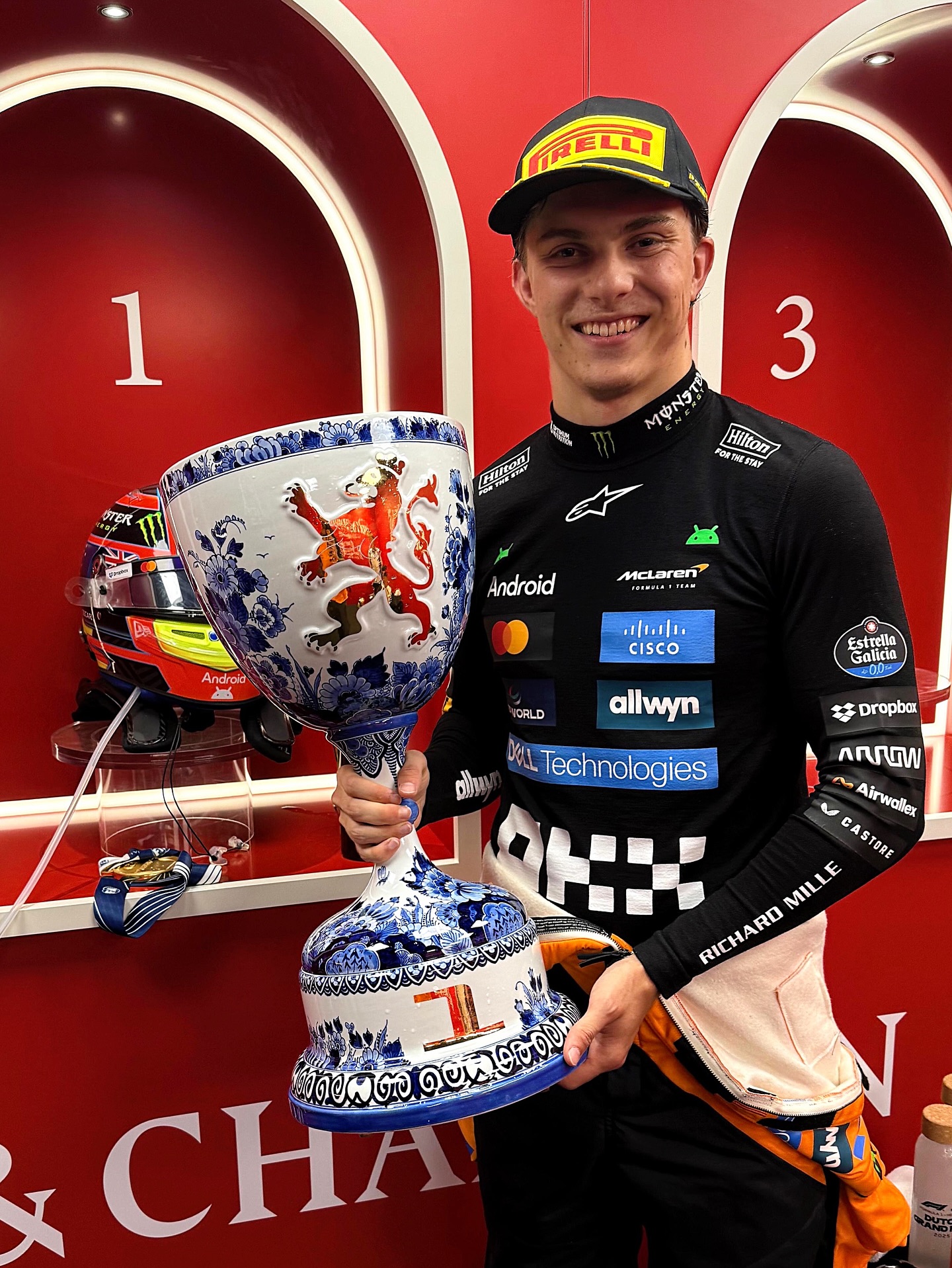 Instagram post by @oscarpiastri for Mclaren. Caption reads: 🏆.