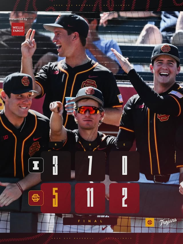 Instagram post by @sctrojans_baseball for Wells Fargo. Caption reads: [...] in program history ✌️ #FightOn x @WellsFargo.