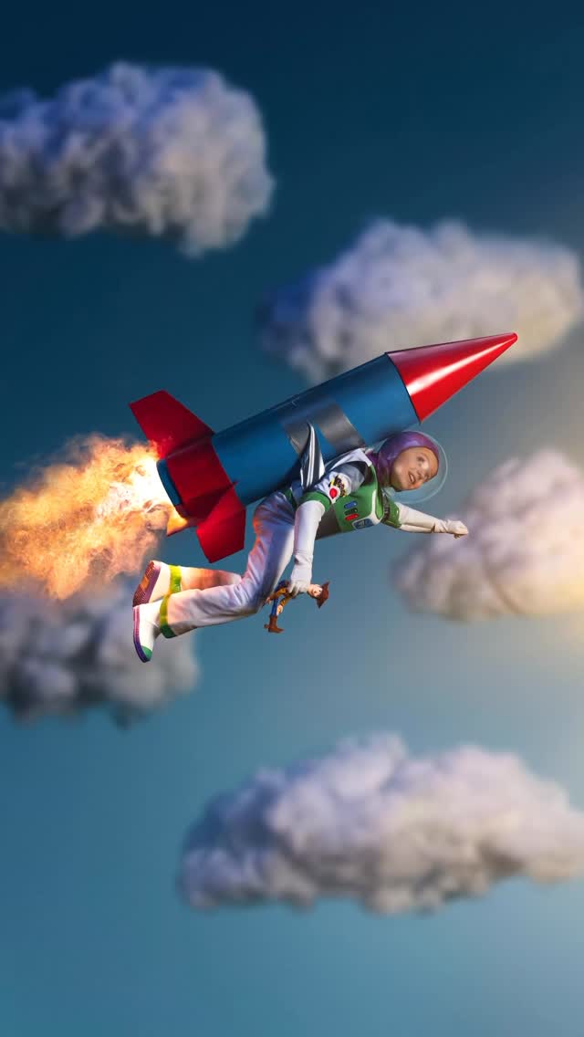 Instagram post by @alexandriaslens for Pixar. Caption reads: #AD our family recreated the iconic rocket scene....
