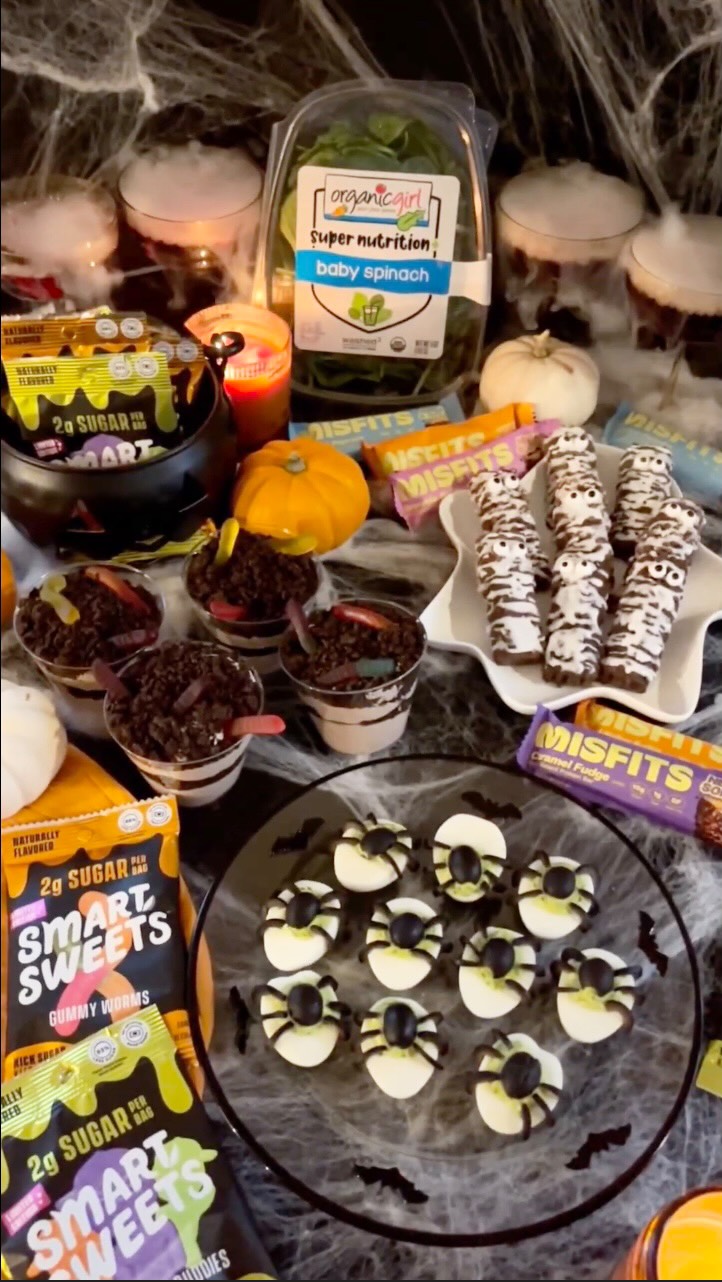 Instagram post by @walleats for SmartSweets. Caption reads: we love spooky szn! 👻 @organicgirl spider deviled....