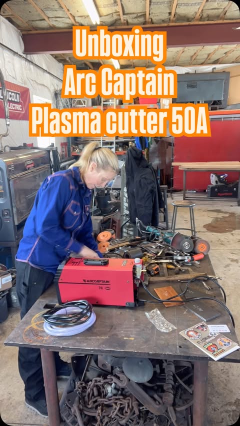 Instagram post by @chardcourtney for Arccaptain. Caption reads: Unboxing the @arccaptain_welding plasma cutter 50A....