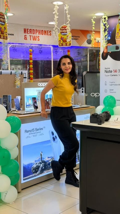 Instagram post by @oppo_karnataka._ for Poorvika. Caption reads: [...] for cinematic, shake-free memories.....