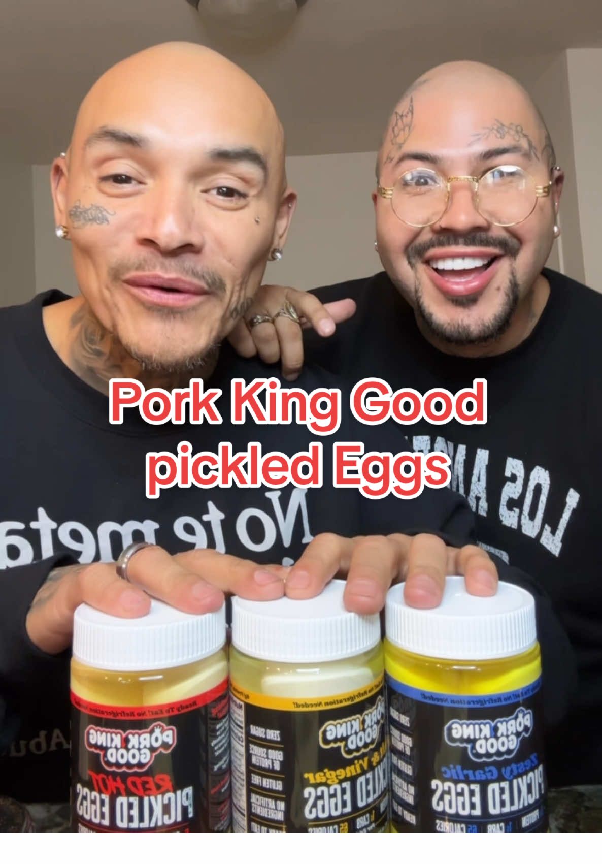 TikTok post by @trinoxadam for Pork King Good. Caption reads: Hit the link to try @Pork King Good pickled eggs....