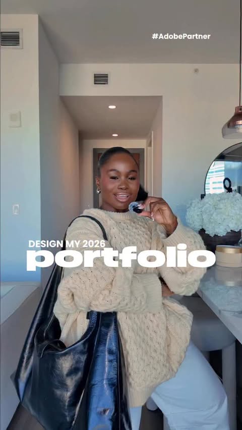 Instagram post by @taiwo.ade for Adobe Photoshop. Caption reads: Revamping my portfolio for 2026 using @adobe....