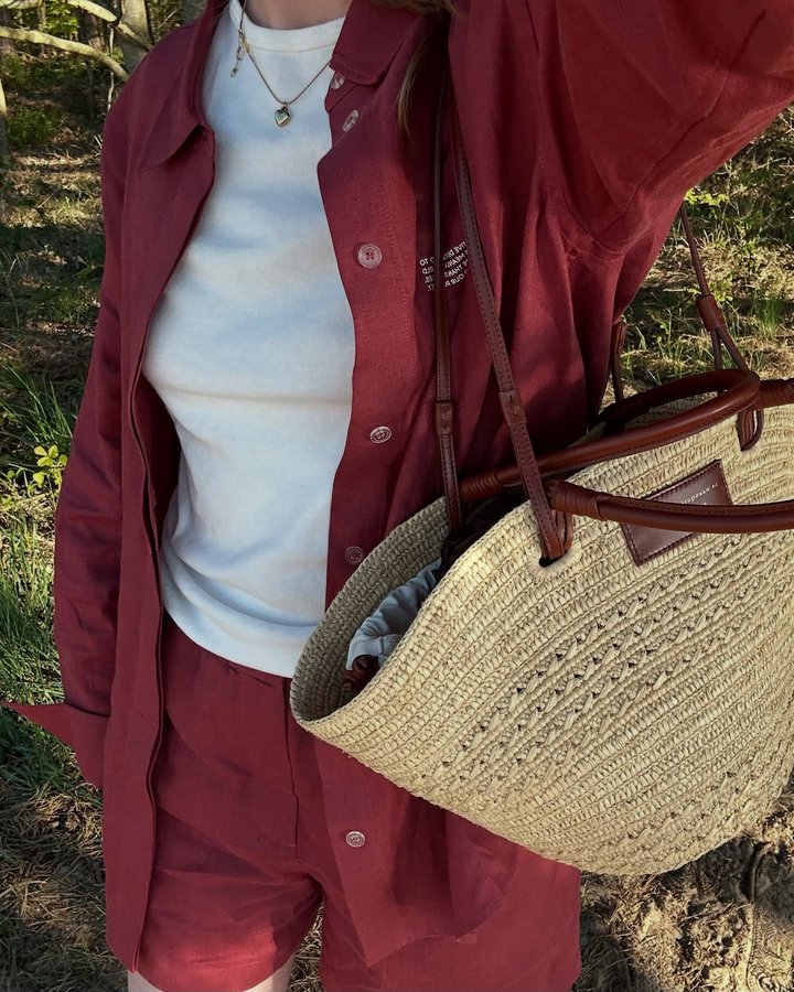 Instagram post by @mariefhm for PANGAIA. Caption reads: The perfect linen set for summer ⭐️ @pangaia....