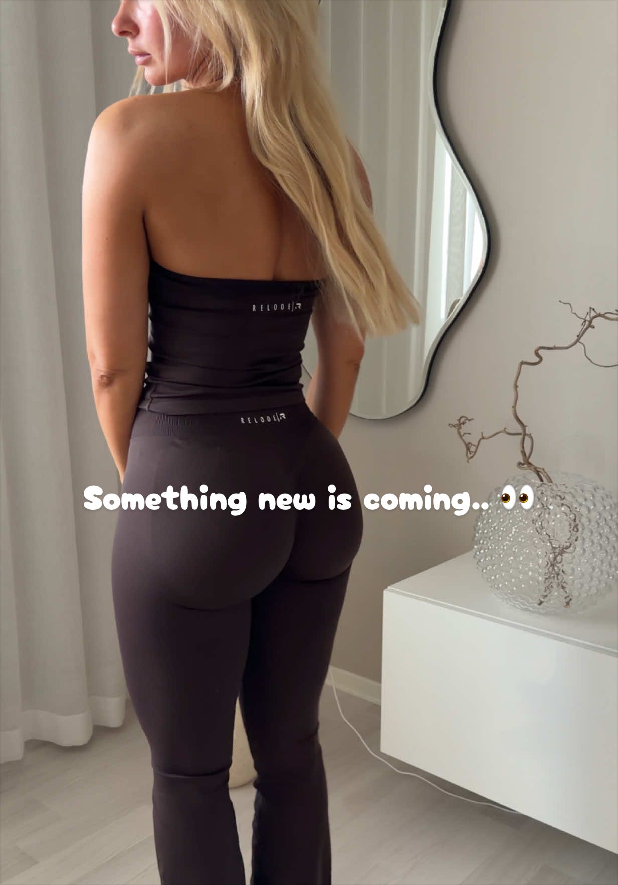 TikTok post by @beccajos for RELODE. Caption reads: Coming soon.. 👀 Aura flared tights @RELODE. AD |....