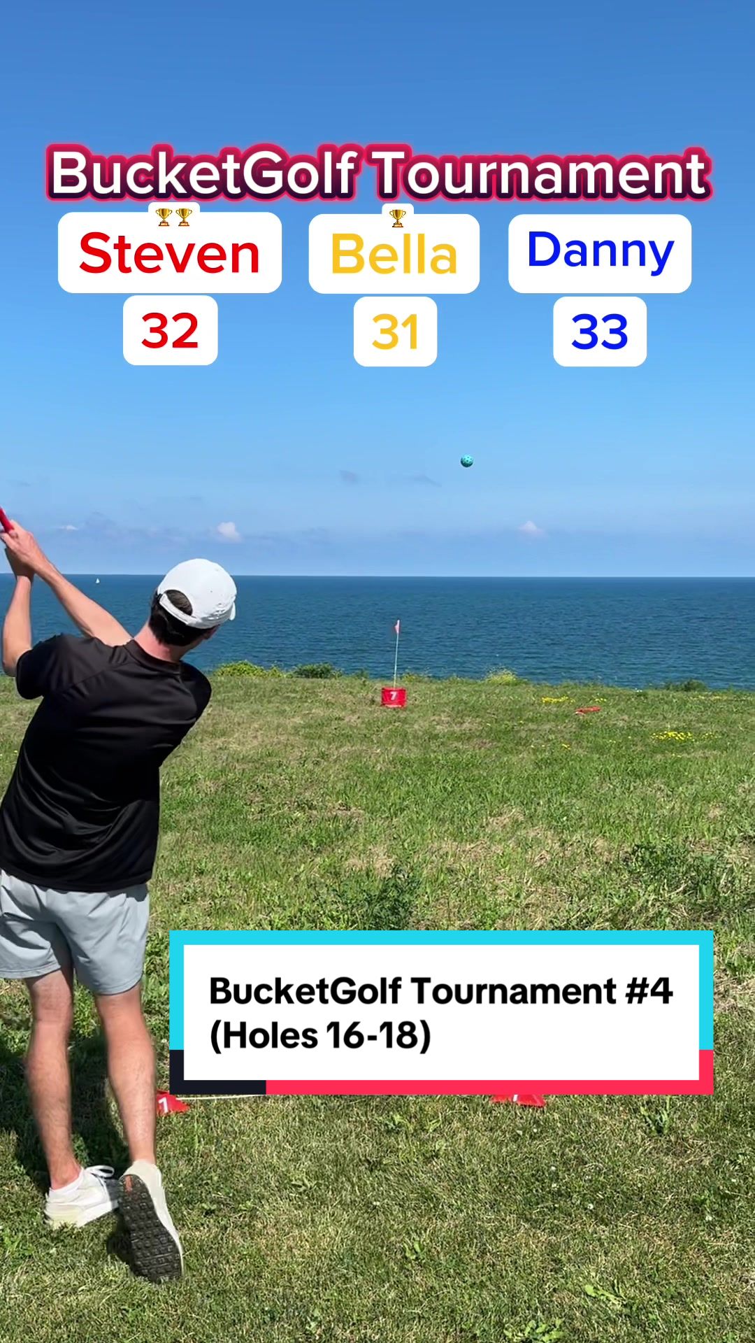 TikTok post by @dannysanicki for Bucketgolf Game. Caption reads: @BucketGolf Tournament #4 18 holes (Holes 16-18)....