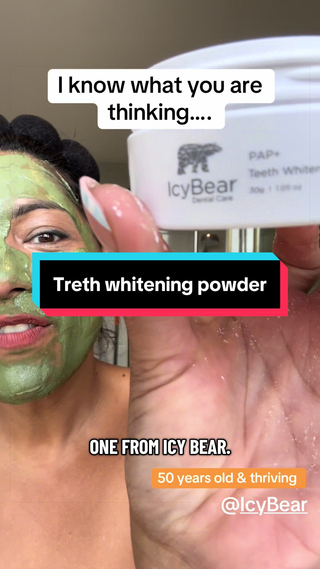 TikTok post by @sheena.tiktok76 for Icy Bear Dental. Caption reads: To be able to have white teeth at 50 is such a....